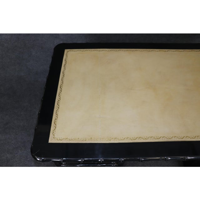 Black Three Piece Faux Bamboo English Leather Top Executive Desk For Sale - Image 8 of 11