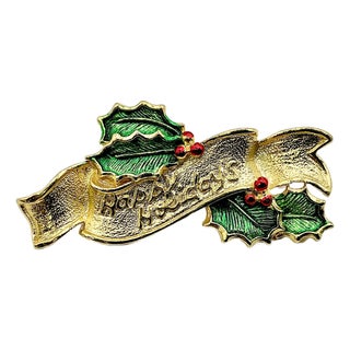 1950s Vintage Boho Chic Americana Christmas Happy Holidays Ribbon Brooch, Gerry’s Creatives For Sale