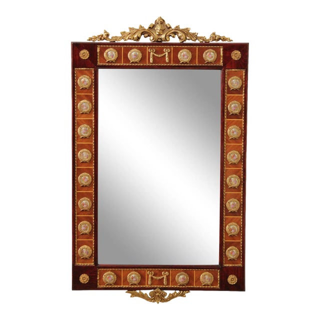 Mid 20th Century Italian Louis XV Neoclassical Style Mahogany & Brass Console Mirror With Porcelain Plaques For Sale