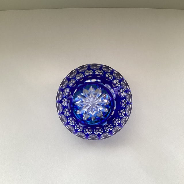 Antique Cut Crystal Decanter With Cobalt Blue Thumbprint Design For Sale - Image 4 of 6