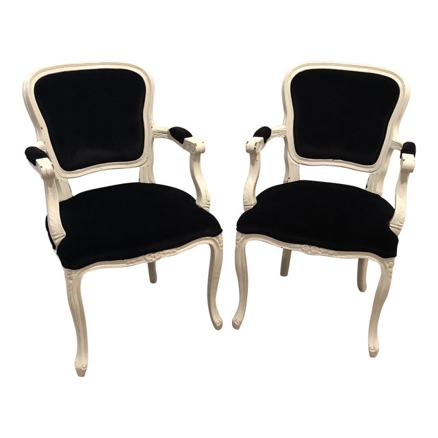 Hollywood Regency Black Velvet Upholstered White Arm Chairs a Pair