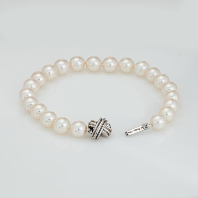 Mid-Century Modern Mid 20th Century Tiffany & Co 7.5mm Pearl Bracelet Signature 18k White Gold X Clasp Estate For Sale - Image 3 of 6