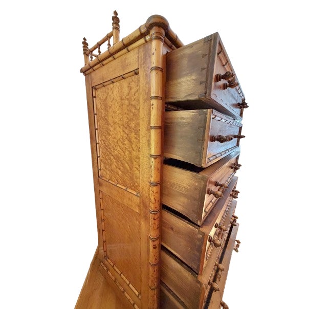 Antique Bird’s-Eye Maple Faux Bamboo Six Drawer Chest of Drawers For Sale - Image 13 of 18