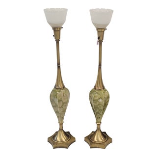 Pair of Mid-Century Ceramic and Brass Torchere Table Lamps For Sale