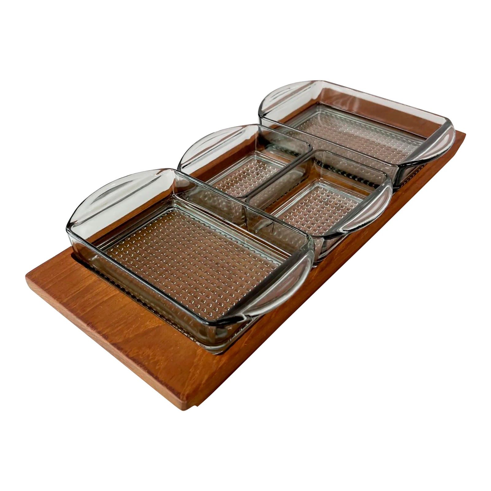 1960s Denmark Serving Snack Tray Set Teak & Glass Lüthje Wood