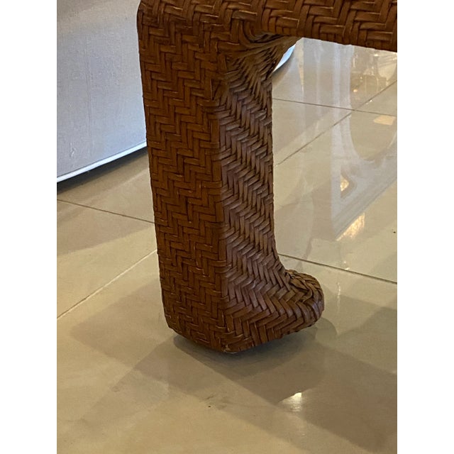 Vintage Scroll Ming Legs Braided Leather Wicker Glass Top Coffee Cocktail Table For Sale In West Palm - Image 6 of 13