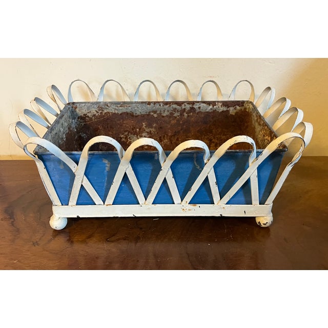 1930's White Painted Zinc Basketweave Cachepot Planter or Jardiniere With Blue Tole Liner on Ball Feet For Sale - Image 11 of 14