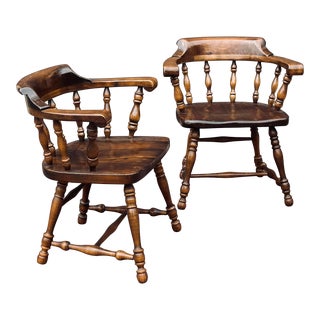 Vintage Ethan Allen Old Tavern Antiqued Pine Captain's Chairs 12-6000 - a Pair For Sale