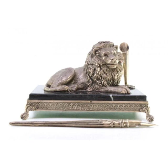 Silver Inkwell with Lion Figure and Pen on Marble and Silver Base with Claw-Shaped Feet For Sale - Image 4 of 9