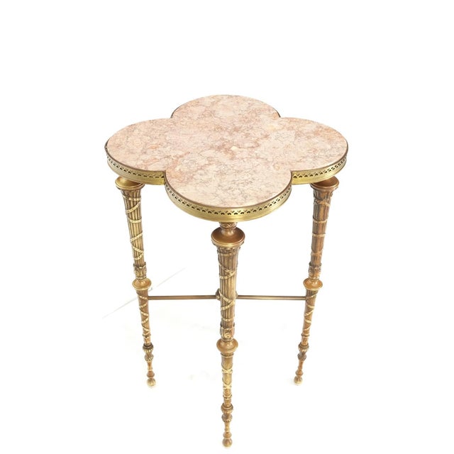 Exception Clover Shape Pink Marble Top Fluted Brass Legs Tall Pedestal Stand For Sale - Image 4 of 15
