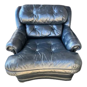 Vintage Button Tufted Leather Dark Blue Chair Made in North Carolina - Late 20th Century