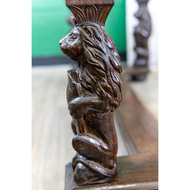 19th C English Oak Heraldic Hall Bench With Fortuny Upholstered Cushion For Sale - Image 11 of 17