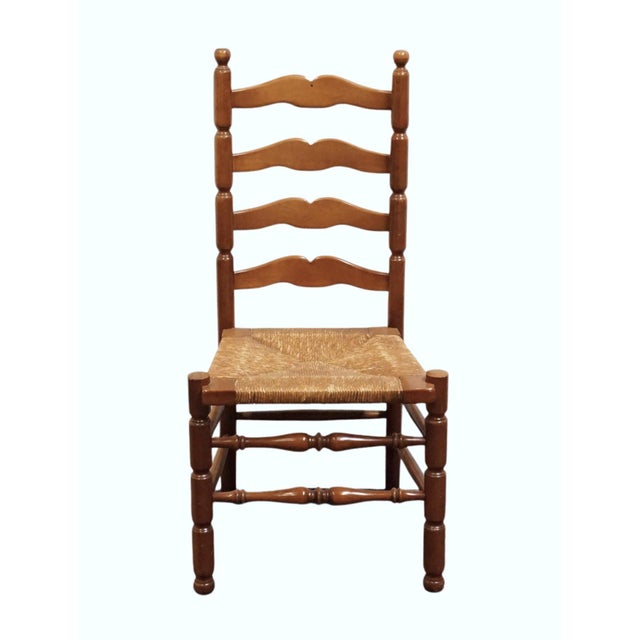 American Statton Furniture Solid Hard Rock Maple Colonial Early American Ladder Back Dining Side Chair W. Rush Seat For Sale - Image 3 of 10