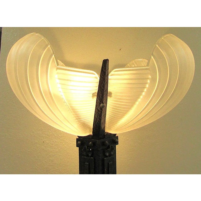 1930s French Art Deco Wrought Iron and Sculpted Frosted Glass Torchiere Floor Lamp Attributed to Atelier Petitot and Muller Frères For Sale - Image 15 of 18