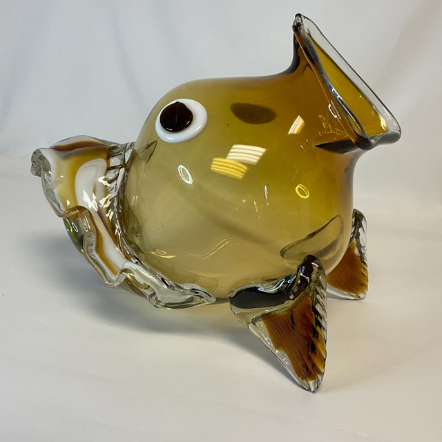 Glass 1980s Vintage Italian Boho Chic Handblown Amber Glass Large Scale Fish Sculptural Vase. For Sale - Image 7 of 11