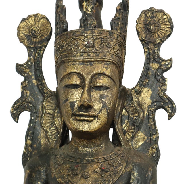 Very Large Weathered Gilded Wood Statue of Buddha, Burma For Sale - Image 17 of 18