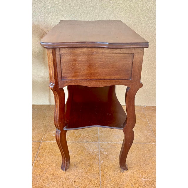 Brown Pair of Spanish Wood Bedside Tables With Drawers and Lower Shelves, 1940s For Sale - Image 8 of 15