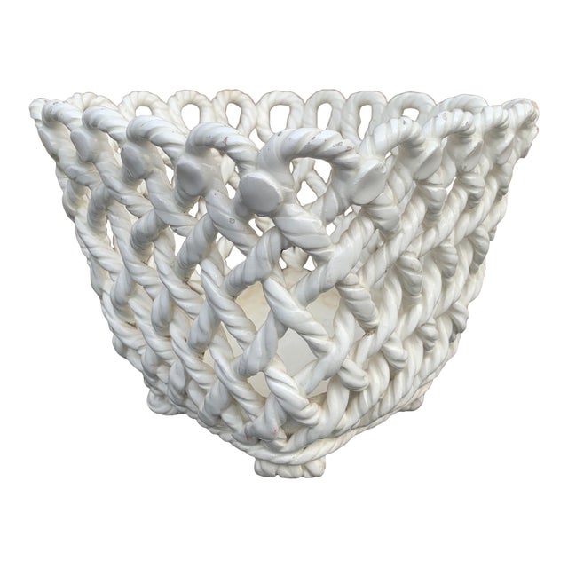 1980s French Country White Ceramic Woven Rope Cachepot Basket For Sale