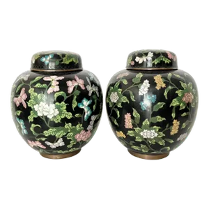 Vintage Cloisonné Black Floral Ginger Jars- a Pair
