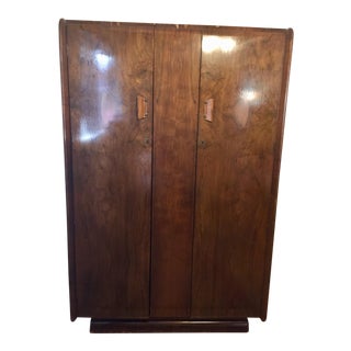 1930s Vintage Art Deco Burl Wood Wardrobe Armoire For Sale