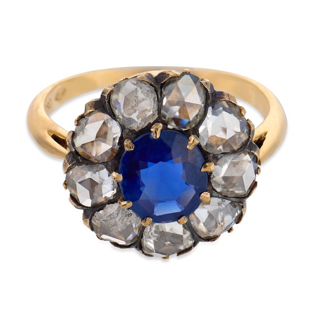 Victorian Late 19th Century Victorian Gia 1.10 Carat No Heat Sapphire Diamond 18k Yellow Gold Ring, , Size 7. 25 For Sale - Image 3 of 6
