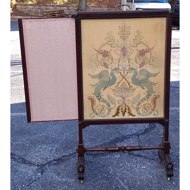 19th Century Victorian Carved Walnut and Embroidered Silk Rolling Fireplace Screen For Sale - Image 4 of 13