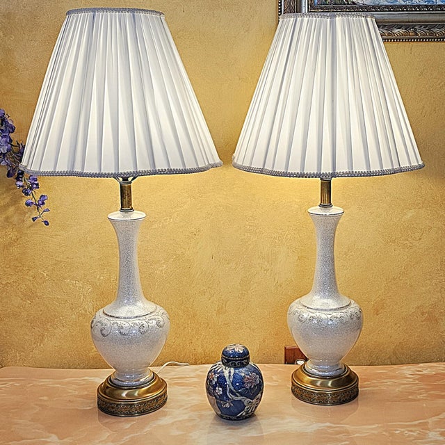 Mid 20th Century Pair of Vintage White Crackle-Glaze Table Lamps With Pleated Shades – 35” For Sale - Image 18 of 18