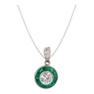 Art Deco Style Diamond Emerald Platinum Target Pendant Necklace For Sale