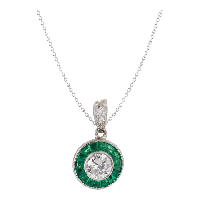 Art Deco Style Diamond Emerald Platinum Target Pendant Necklace For Sale