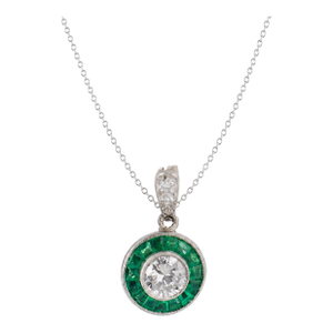 Art Deco Style Diamond Emerald Platinum Target Pendant Necklace