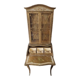 Antique Italian Giltwood Secretary Desk With Glass Display Cabinet & Hand-Painted Details For Sale