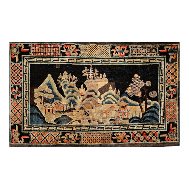 Antique Ningxia Pictorial Rug, Wool Pile, Scenic Landscape, Western China, 1890s For Sale