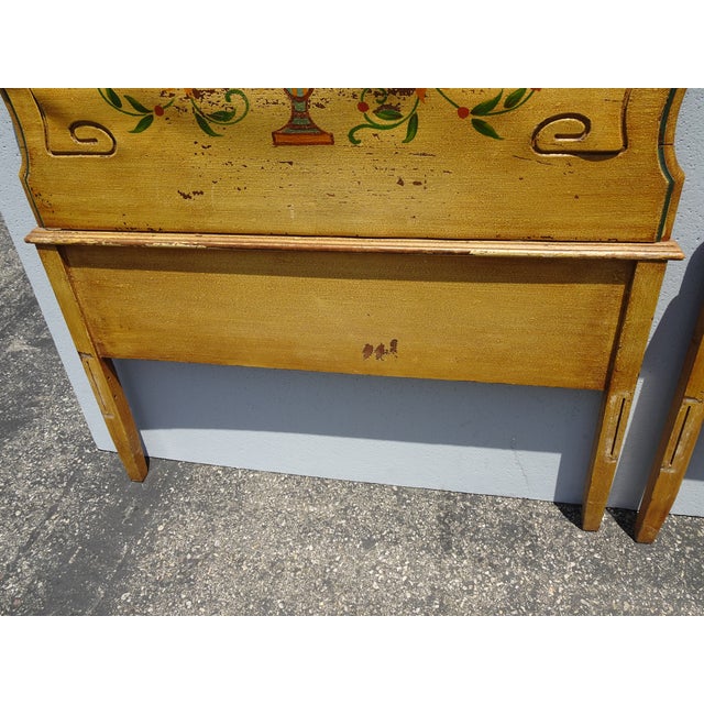 Pair Vintage French Provincial Hand Painted Gold Floral Twin Headboards W Rails For Sale - Image 10 of 16