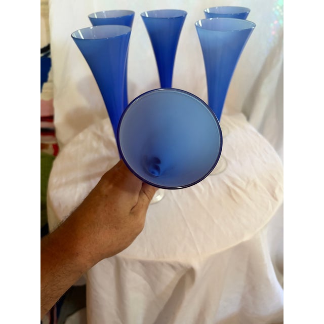 Contemporary Vintage Post Modern Hollow Stem Cobalt Blue Flute Glasses a Set 6 For Sale - Image 3 of 6