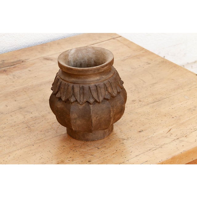 Indian Deep Brown Carved Bulbous Marble Vase For Sale - Image 3 of 9