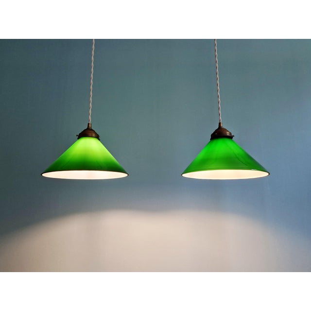 Art Deco Conical Green Opaline Glass Pendant Lights, Set of 2 For Sale - Image 11 of 14