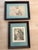 Vintage pair of 1980s framed, Tiffany blue mat black and white prints. Hor