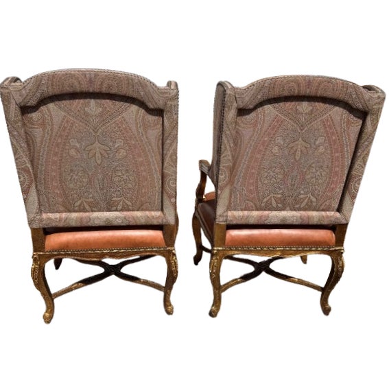 Ralph Lauren A Pair of Custom Ralph Lauren Wingback Lounge Chairs Upholstered in Leather and Paisley For Sale - Image 4 of 18