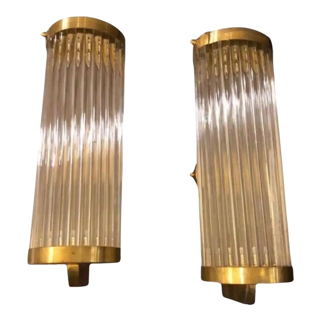Two Sciolari Style Mid-Century Modern Brass and Glass Italian Wall Sconces For Sale