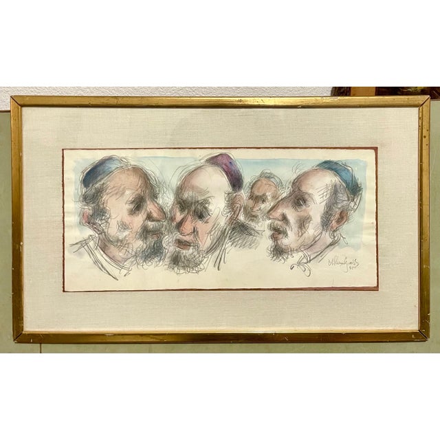 Mid 20th Century Chaim Gross, Chaim Gross Mid Century Mod Judaica Jewish Watercolor Painting Rabbis WPA Artist For Sale - Image 5 of 7