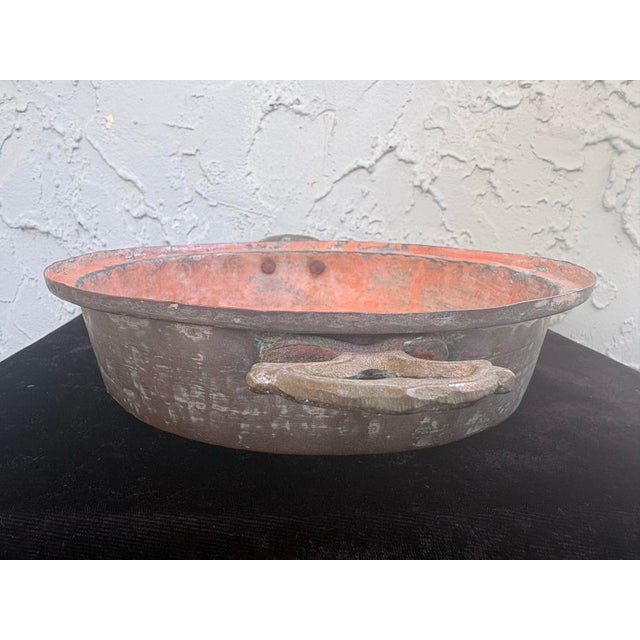Vintage Primitive Copper Tone Handled Serving Pan With Brass Handles For Sale In Orlando - Image 6 of 9