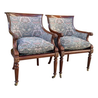 Vintage Hickory Chair Regency Mahogany Armchairs With Original James River Upholstery, Pair For Sale