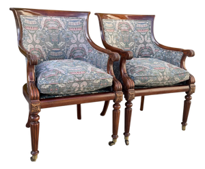 Vintage Hickory Chair Regency Mahogany Armchairs With Original James River Upholstery, Pair