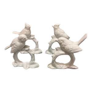Vintage White Ceramic Bird Napkin Rings Set of 4 - Figural Cardinal Songbirds
