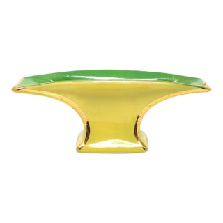 Mid-Century Modern Chartreuse & Green Ceramic Footed Bowl With Gilt Trim For Sale