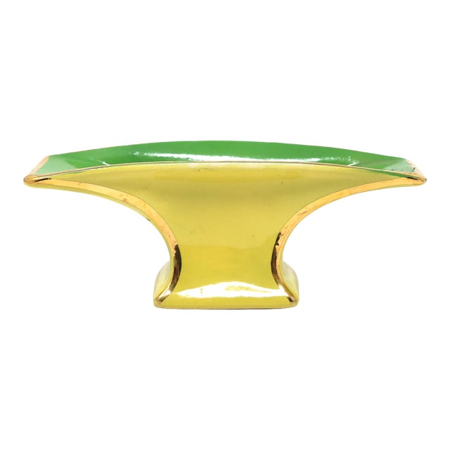 Mid-Century Modern Chartreuse & Green Ceramic Footed Bowl With Gilt Trim For Sale