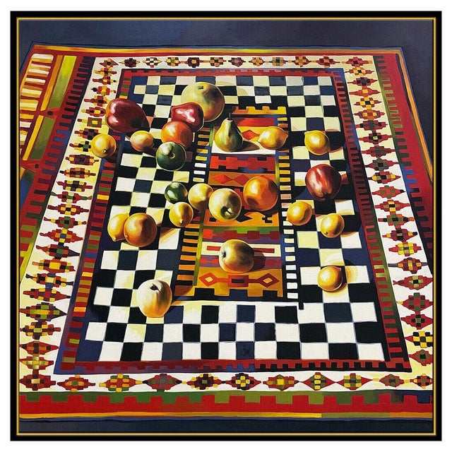 Realism 1970s Fruit on Checkered Rug, Lowell Nesbitt For Sale - Image 3 of 5