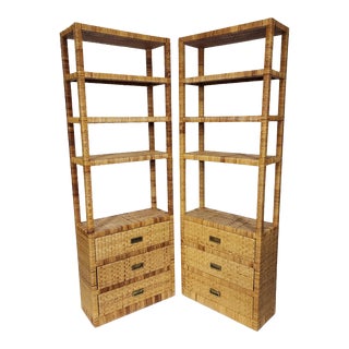 Mid 20th Century Bielecky Style Woven Rattan Etageres With Drawers - a Pair For Sale