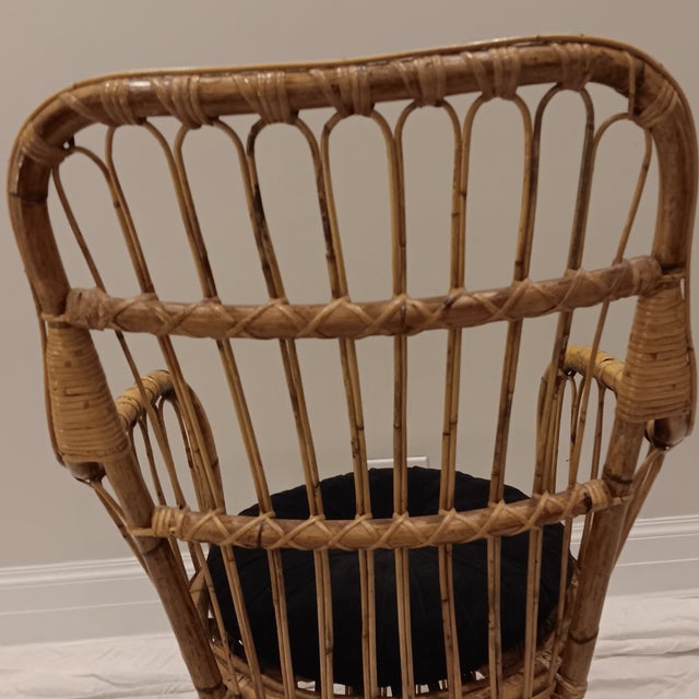 Wood Vintage Wicker and Bamboo Bucket Chair Comes With a Black Cushion For Sale - Image 7 of 18