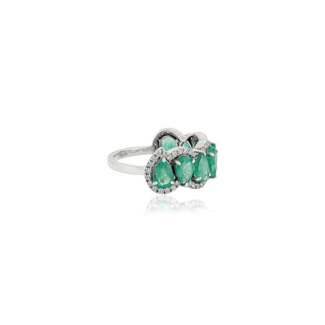 Metal Modern 2.91ct Pear Cut Emerald & Diamond 14k Gold Half Eternity Band Ring Size 7 For Sale - Image 7 of 16